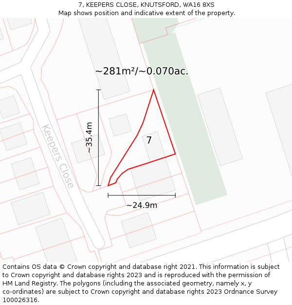 7, KEEPERS CLOSE, KNUTSFORD, WA16 8XS: Plot and title map