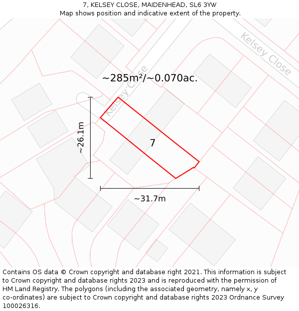 7, KELSEY CLOSE, MAIDENHEAD, SL6 3YW: Plot and title map