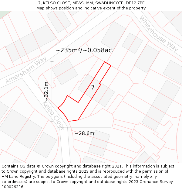 7, KELSO CLOSE, MEASHAM, SWADLINCOTE, DE12 7PE: Plot and title map