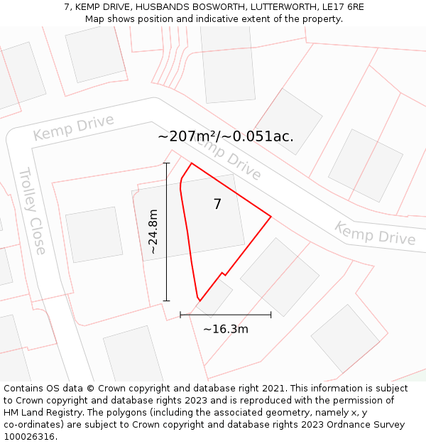 7, KEMP DRIVE, HUSBANDS BOSWORTH, LUTTERWORTH, LE17 6RE: Plot and title map