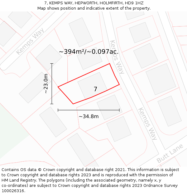 7, KEMPS WAY, HEPWORTH, HOLMFIRTH, HD9 1HZ: Plot and title map