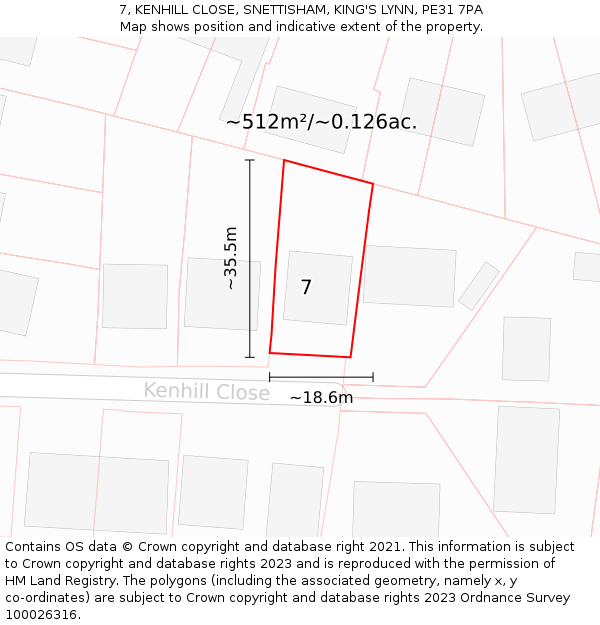 7, KENHILL CLOSE, SNETTISHAM, KING'S LYNN, PE31 7PA: Plot and title map