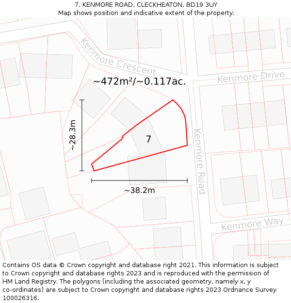 7, KENMORE ROAD, CLECKHEATON, BD19 3UY: Plot and title map