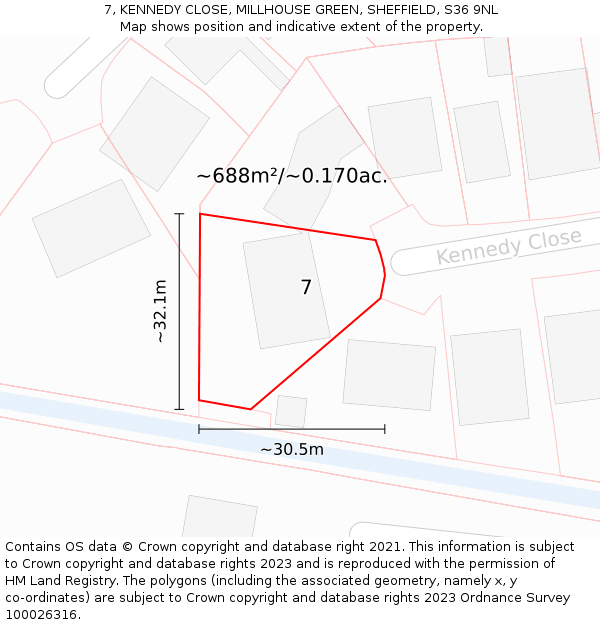 7, KENNEDY CLOSE, MILLHOUSE GREEN, SHEFFIELD, S36 9NL: Plot and title map