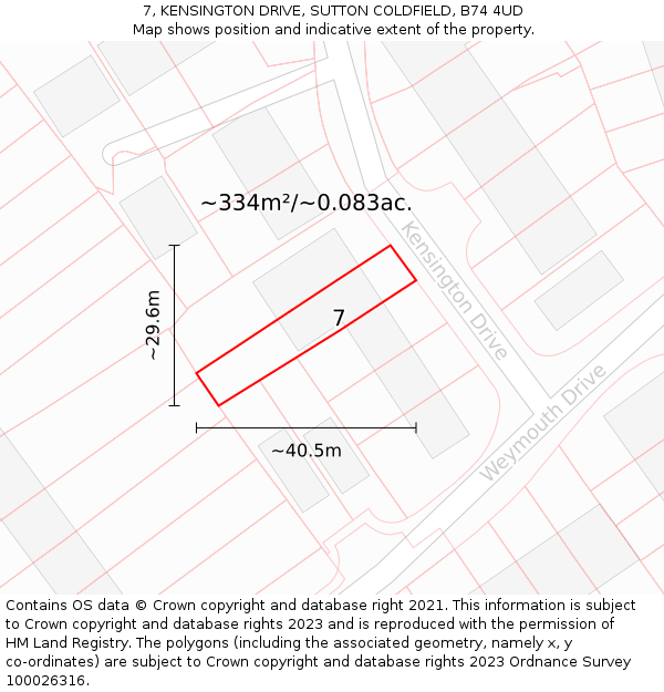 7, KENSINGTON DRIVE, SUTTON COLDFIELD, B74 4UD: Plot and title map