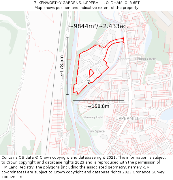 7, KENWORTHY GARDENS, UPPERMILL, OLDHAM, OL3 6ET: Plot and title map
