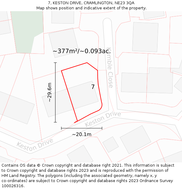 7, KESTON DRIVE, CRAMLINGTON, NE23 3QA: Plot and title map