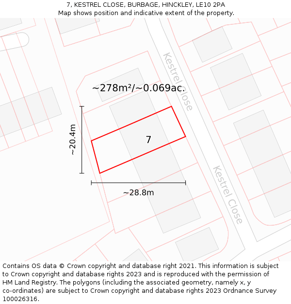 7, KESTREL CLOSE, BURBAGE, HINCKLEY, LE10 2PA: Plot and title map
