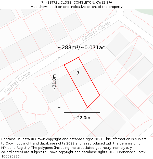 7, KESTREL CLOSE, CONGLETON, CW12 3FA: Plot and title map