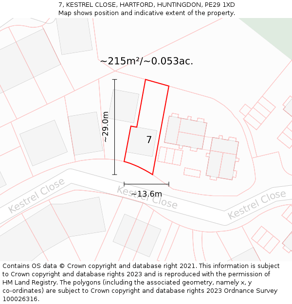 7, KESTREL CLOSE, HARTFORD, HUNTINGDON, PE29 1XD: Plot and title map