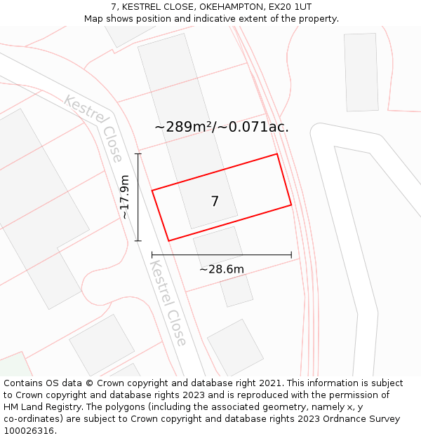 7, KESTREL CLOSE, OKEHAMPTON, EX20 1UT: Plot and title map