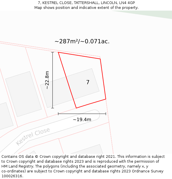 7, KESTREL CLOSE, TATTERSHALL, LINCOLN, LN4 4GP: Plot and title map