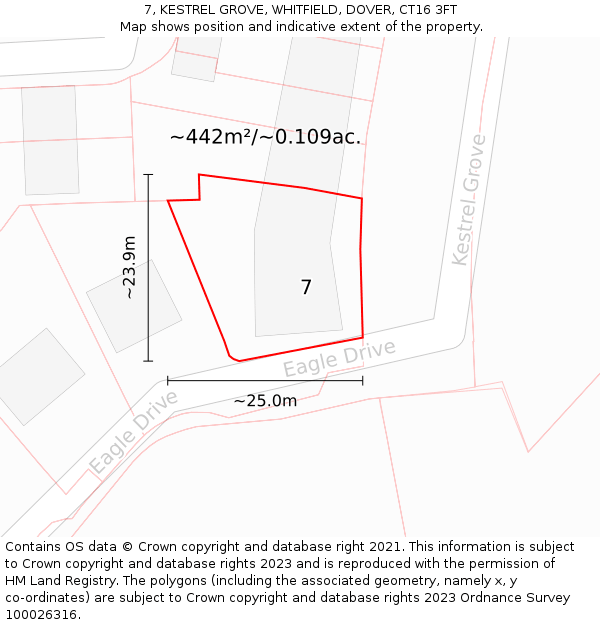 7, KESTREL GROVE, WHITFIELD, DOVER, CT16 3FT: Plot and title map