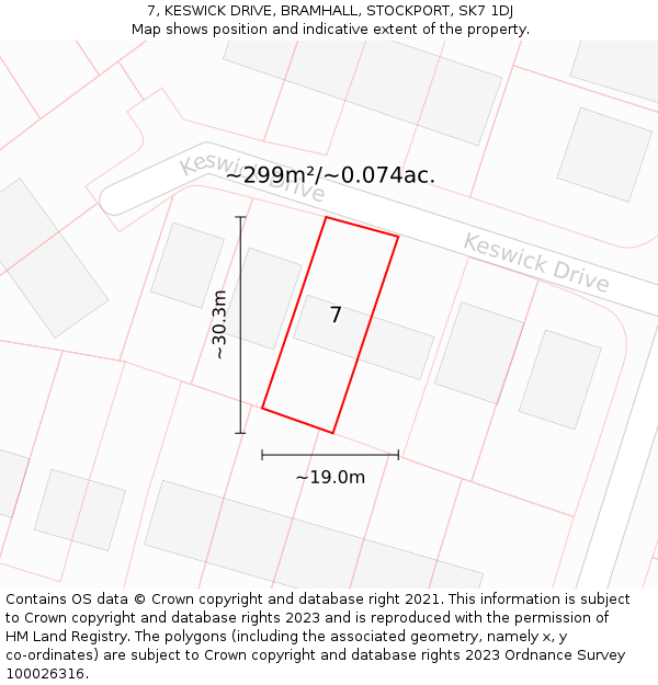 7, KESWICK DRIVE, BRAMHALL, STOCKPORT, SK7 1DJ: Plot and title map
