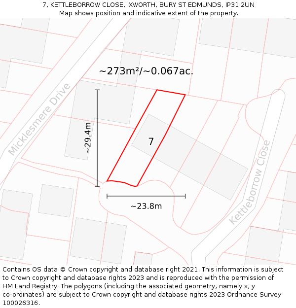 7, KETTLEBORROW CLOSE, IXWORTH, BURY ST EDMUNDS, IP31 2UN: Plot and title map
