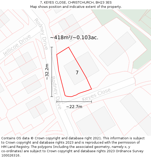 7, KEYES CLOSE, CHRISTCHURCH, BH23 3ES: Plot and title map
