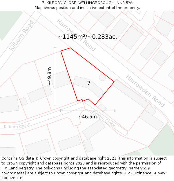 7, KILBORN CLOSE, WELLINGBOROUGH, NN8 5YA: Plot and title map