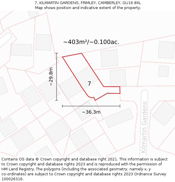 7, KILMARTIN GARDENS, FRIMLEY, CAMBERLEY, GU16 8XL: Plot and title map