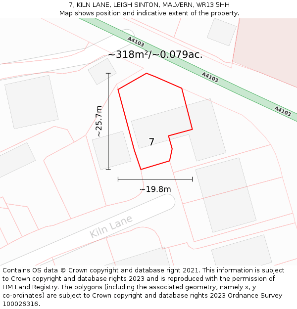 7, KILN LANE, LEIGH SINTON, MALVERN, WR13 5HH: Plot and title map
