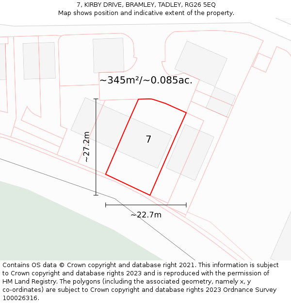 7, KIRBY DRIVE, BRAMLEY, TADLEY, RG26 5EQ: Plot and title map