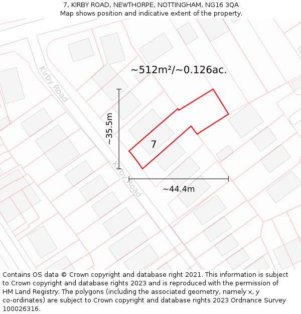 7, KIRBY ROAD, NEWTHORPE, NOTTINGHAM, NG16 3QA: Plot and title map