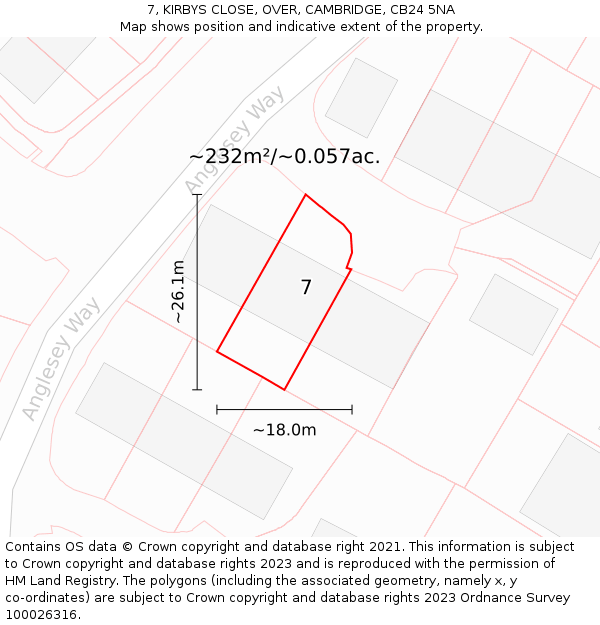 7, KIRBYS CLOSE, OVER, CAMBRIDGE, CB24 5NA: Plot and title map