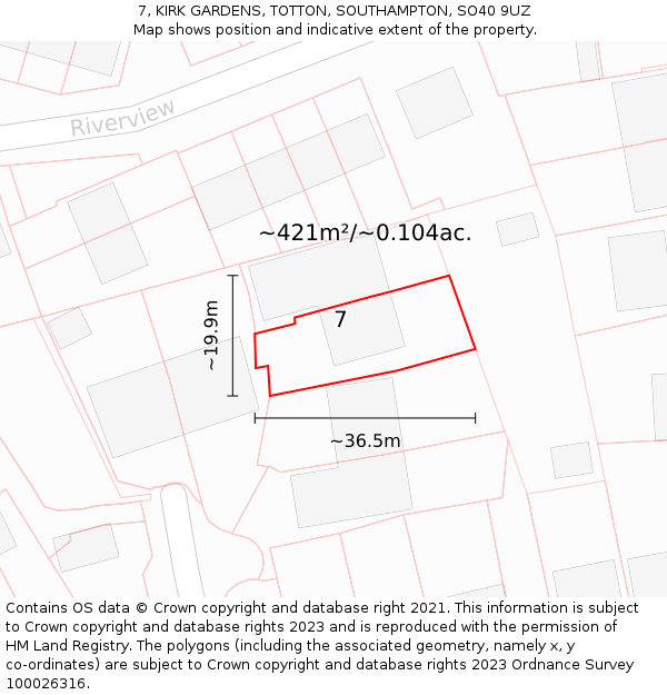 7, KIRK GARDENS, TOTTON, SOUTHAMPTON, SO40 9UZ: Plot and title map