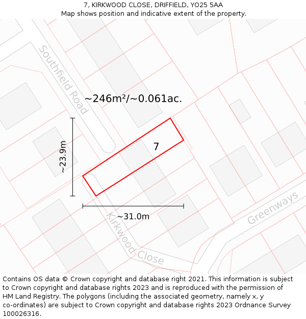 7, KIRKWOOD CLOSE, DRIFFIELD, YO25 5AA: Plot and title map
