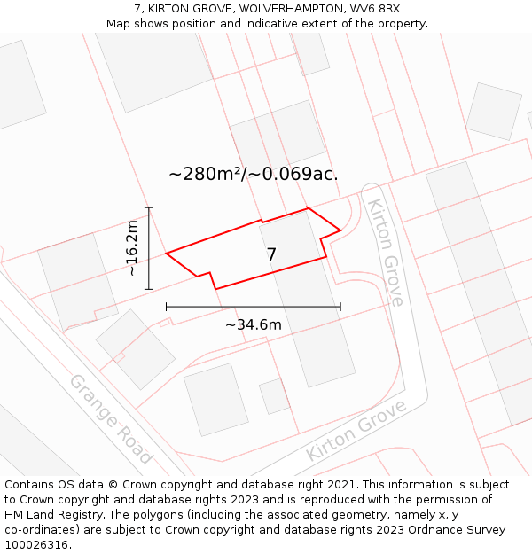 7, KIRTON GROVE, WOLVERHAMPTON, WV6 8RX: Plot and title map