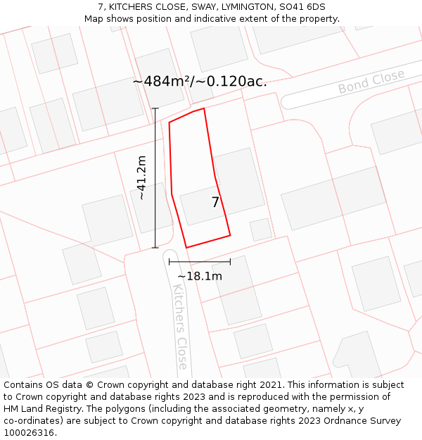 7, KITCHERS CLOSE, SWAY, LYMINGTON, SO41 6DS: Plot and title map