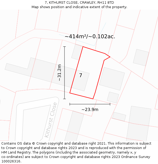 7, KITHURST CLOSE, CRAWLEY, RH11 8TD: Plot and title map