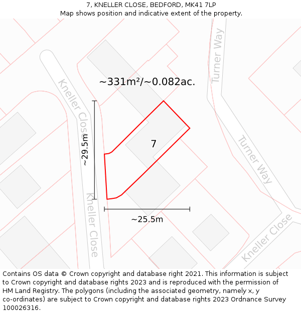 7, KNELLER CLOSE, BEDFORD, MK41 7LP: Plot and title map