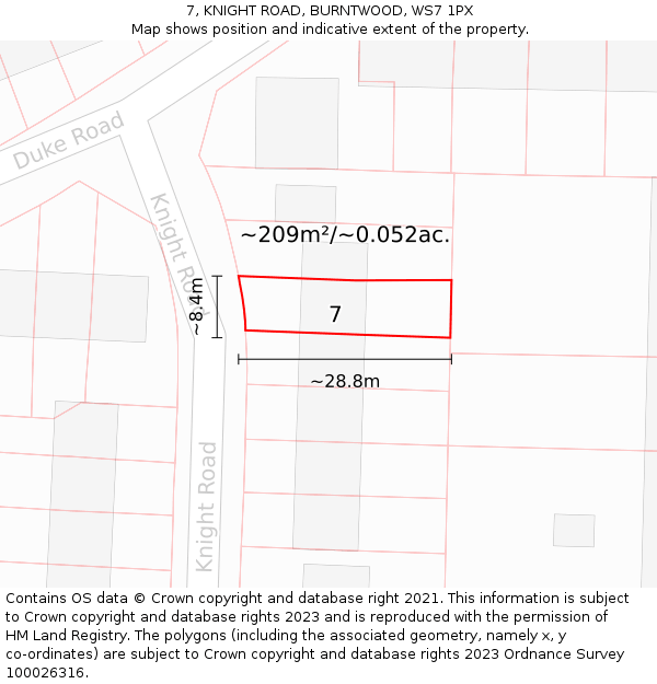 7, KNIGHT ROAD, BURNTWOOD, WS7 1PX: Plot and title map