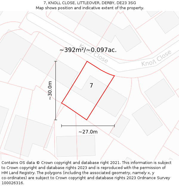 7, KNOLL CLOSE, LITTLEOVER, DERBY, DE23 3SG: Plot and title map
