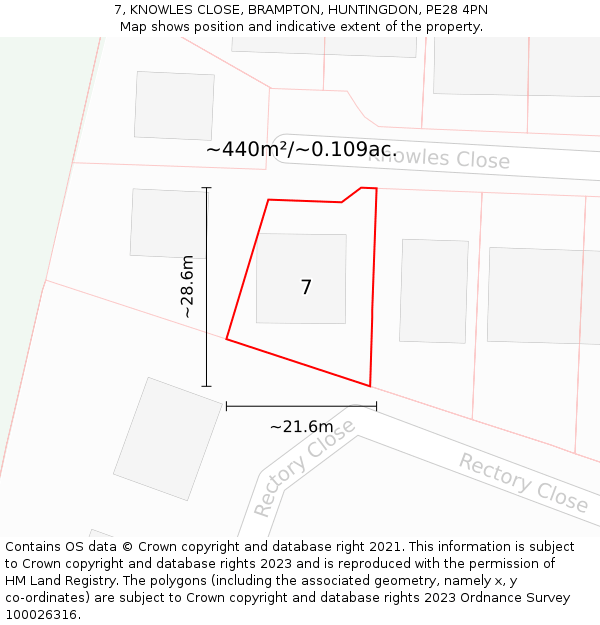 7, KNOWLES CLOSE, BRAMPTON, HUNTINGDON, PE28 4PN: Plot and title map