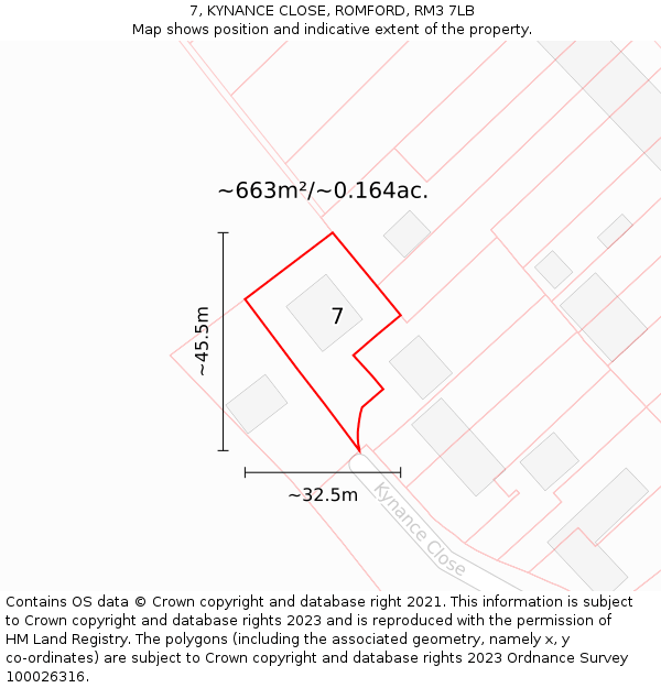7, KYNANCE CLOSE, ROMFORD, RM3 7LB: Plot and title map