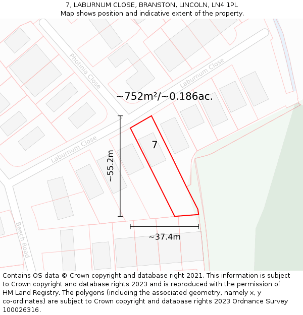 7, LABURNUM CLOSE, BRANSTON, LINCOLN, LN4 1PL: Plot and title map