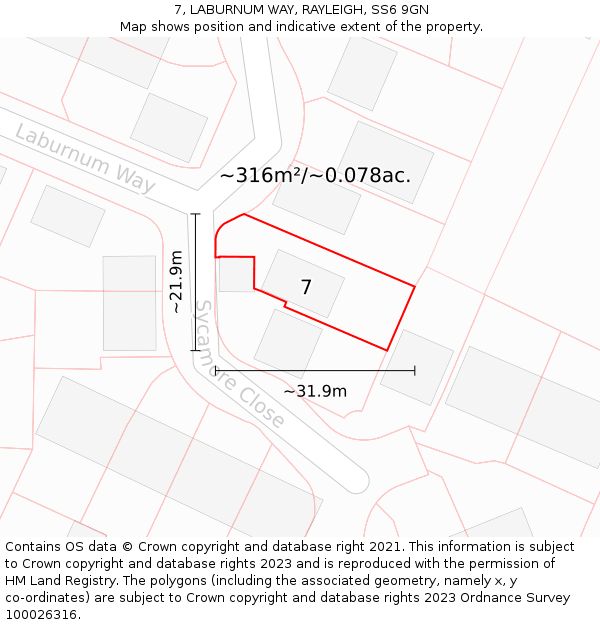 7, LABURNUM WAY, RAYLEIGH, SS6 9GN: Plot and title map