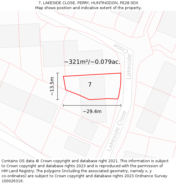 7, LAKESIDE CLOSE, PERRY, HUNTINGDON, PE28 0DX: Plot and title map