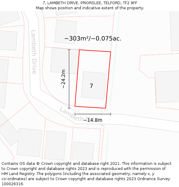 7, LAMBETH DRIVE, PRIORSLEE, TELFORD, TF2 9FF: Plot and title map