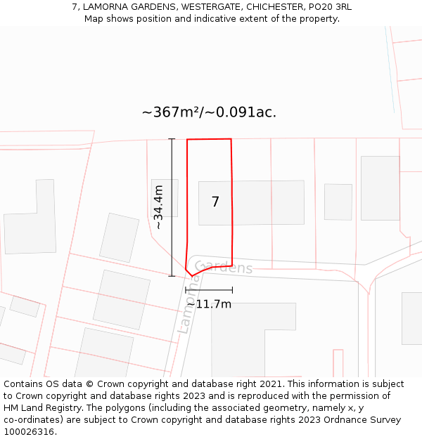 7, LAMORNA GARDENS, WESTERGATE, CHICHESTER, PO20 3RL: Plot and title map