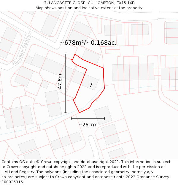 7, LANCASTER CLOSE, CULLOMPTON, EX15 1XB: Plot and title map