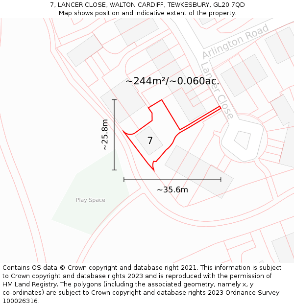 7, LANCER CLOSE, WALTON CARDIFF, TEWKESBURY, GL20 7QD: Plot and title map
