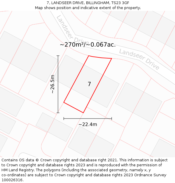 7, LANDSEER DRIVE, BILLINGHAM, TS23 3GF: Plot and title map