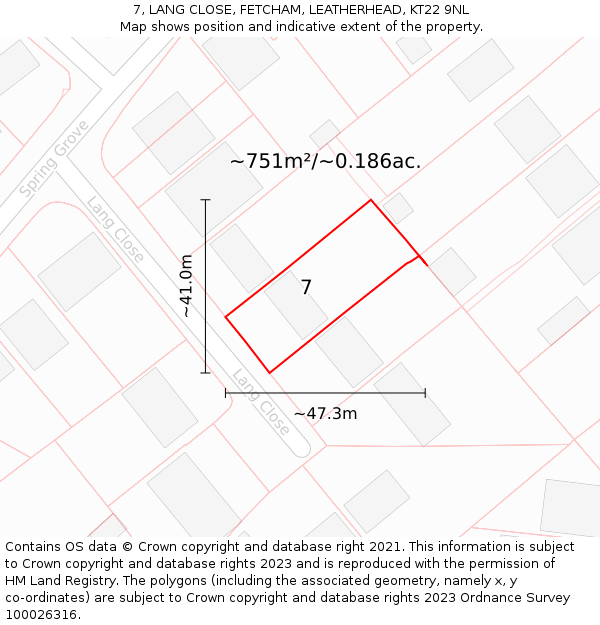 7, LANG CLOSE, FETCHAM, LEATHERHEAD, KT22 9NL: Plot and title map