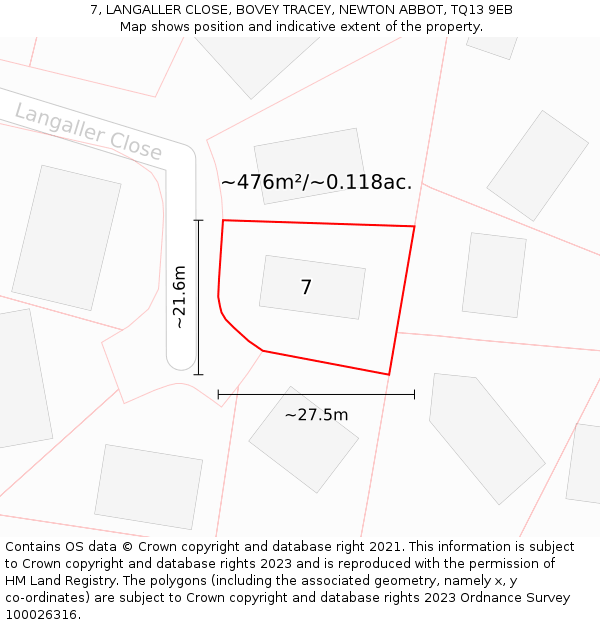 7, LANGALLER CLOSE, BOVEY TRACEY, NEWTON ABBOT, TQ13 9EB: Plot and title map