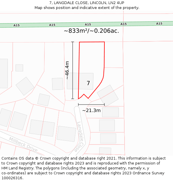 7, LANGDALE CLOSE, LINCOLN, LN2 4UP: Plot and title map