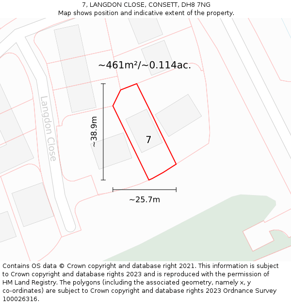 7, LANGDON CLOSE, CONSETT, DH8 7NG: Plot and title map