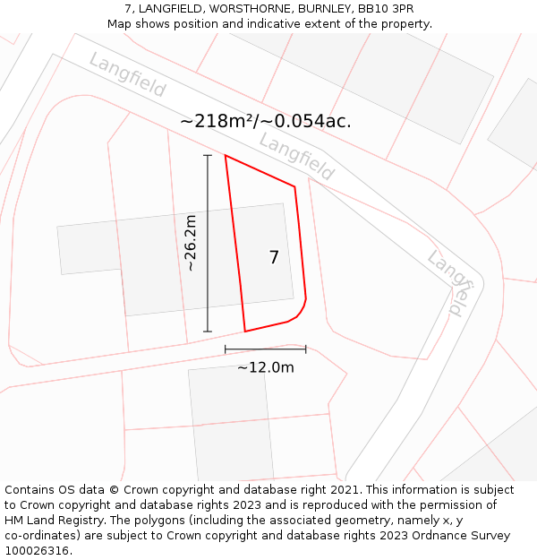 7, LANGFIELD, WORSTHORNE, BURNLEY, BB10 3PR: Plot and title map