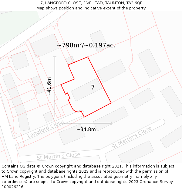 7, LANGFORD CLOSE, FIVEHEAD, TAUNTON, TA3 6QE: Plot and title map